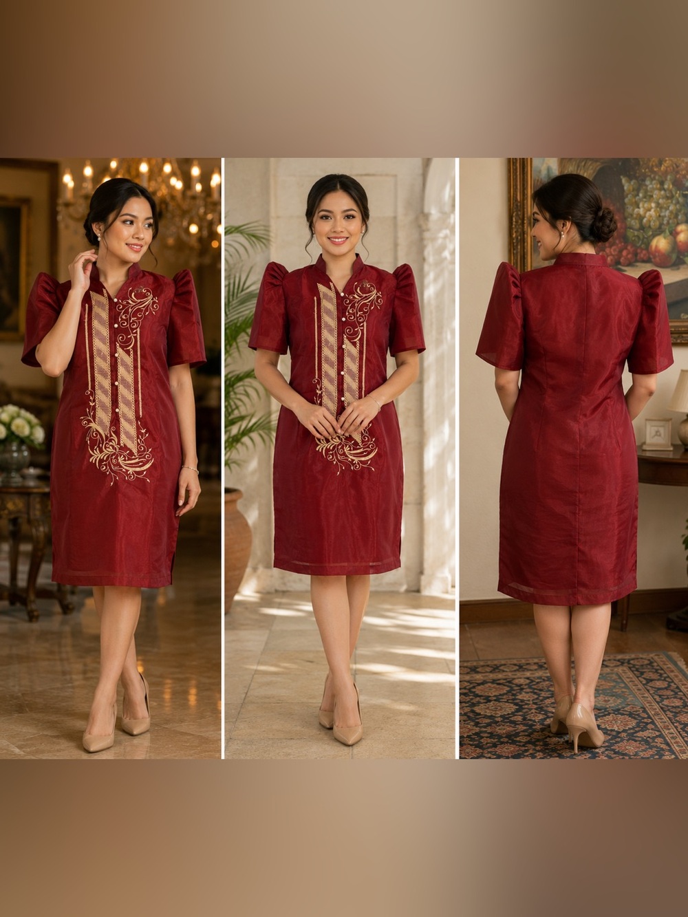 Classic Maroon Organza Filipiniana Barong Dress with Gold Embroidery